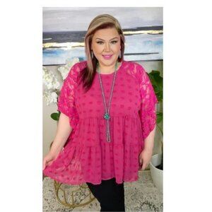 Southern Stitch Hot Pink Lace Sleeve Babydoll Top | Size 3XL